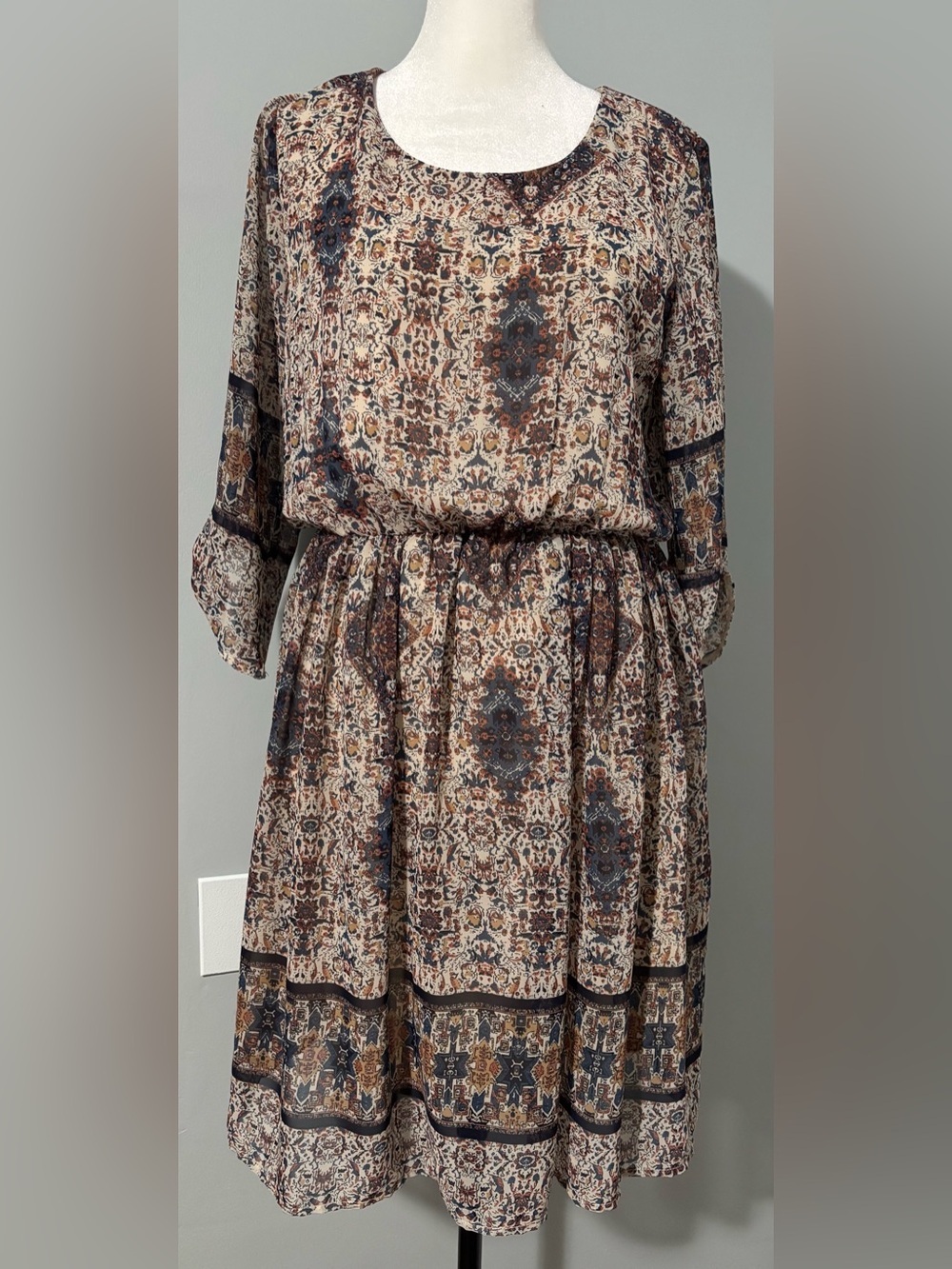 Pink Owl Boho Printed Scoop-Neck Dress in Brown and Navy Size M
